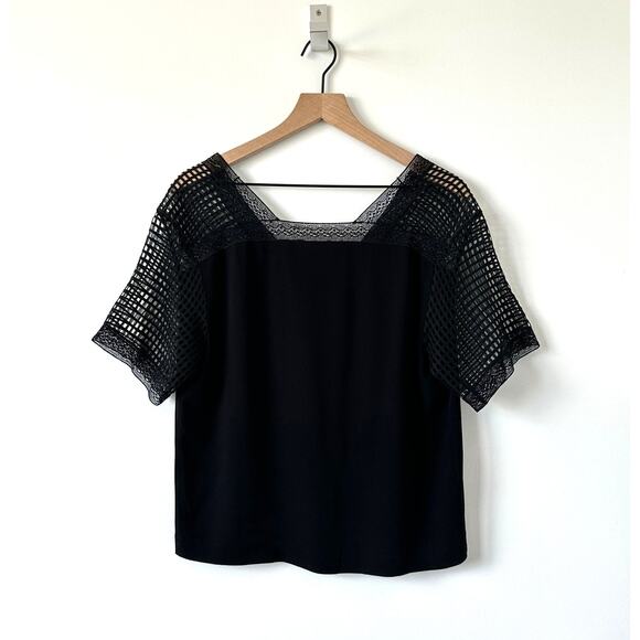 Sandro Paris Black Lace Sheer Shoulder Short Sleeve Top Size M - Picture 7 of 7